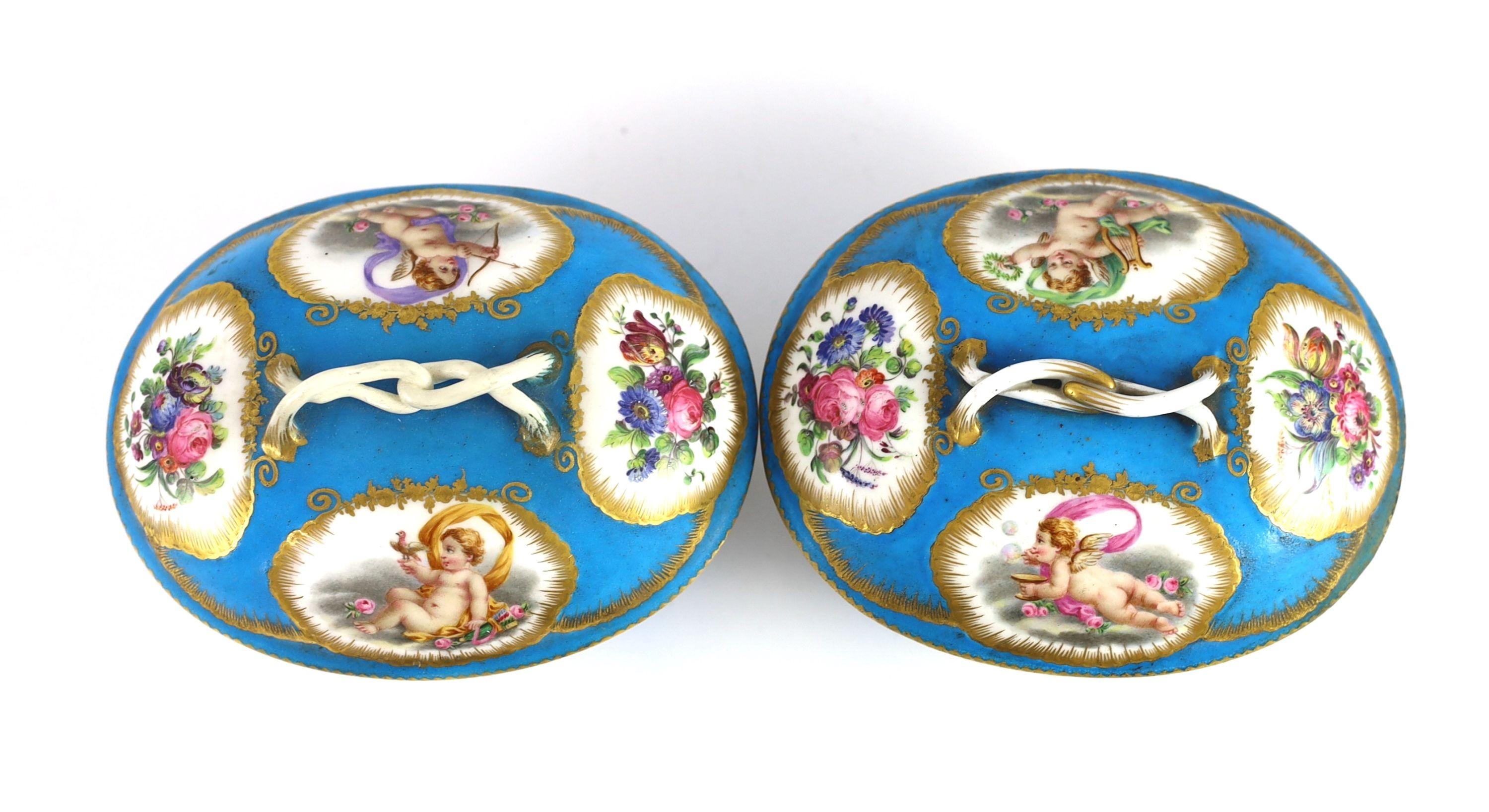 A pair of Sevres bleu celeste ecuelles and covers, c.1757–60, Length 15 cm, one cover restored